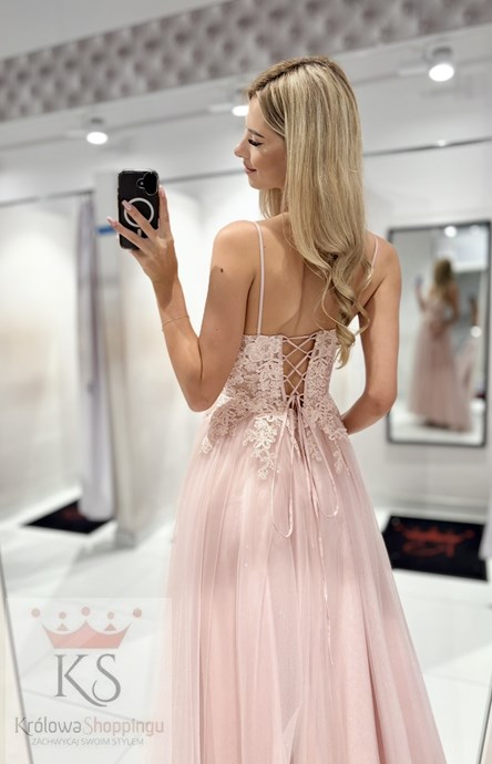 Sukienka długa gorset tiul brokat cyrkonie puder