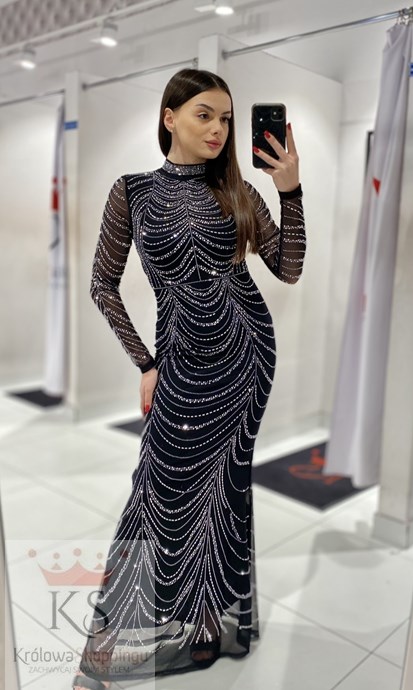 Sukienka długa dopasowana rękaw srebrny wzór czerń