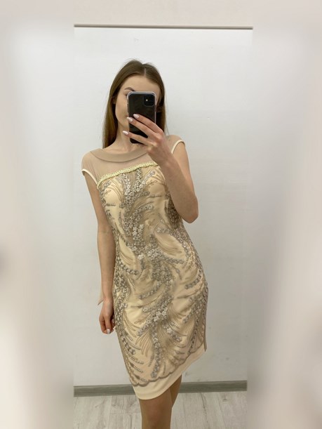 Sukienka krótka dopasowana kokardka beż