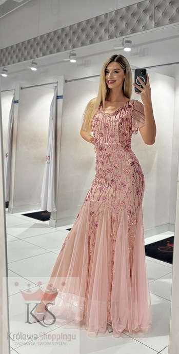 Sukienka długa cekiny rękawek falbanka tiul róż