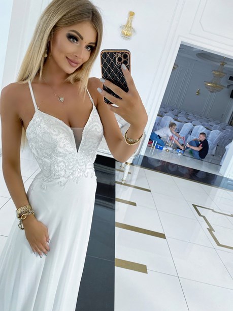 Sukienka długa ramiączka wiązanie siateczka biel