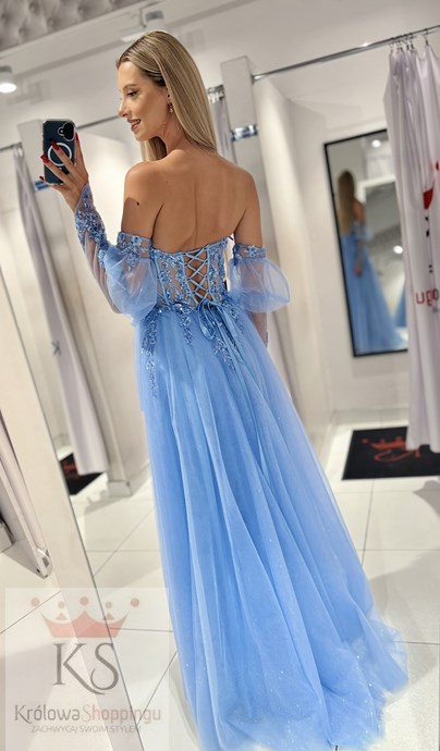 Sukienka długa gorset rękawek koronka tiul błękit