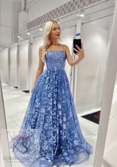 Sukienka długa balowa brokatowe kwiaty jeans