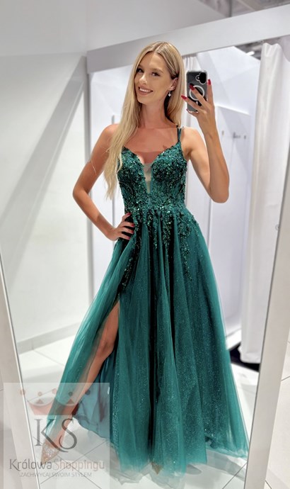 Sukienka długa gorset tiul brokat zieleń