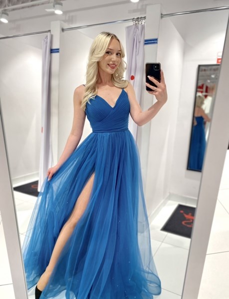 Sukienka długa tiulowa gorset ramiączka turkus