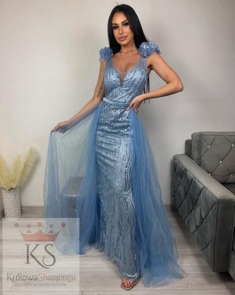 Sukienka długa cekinowa rybka ozdoba tiul błękit