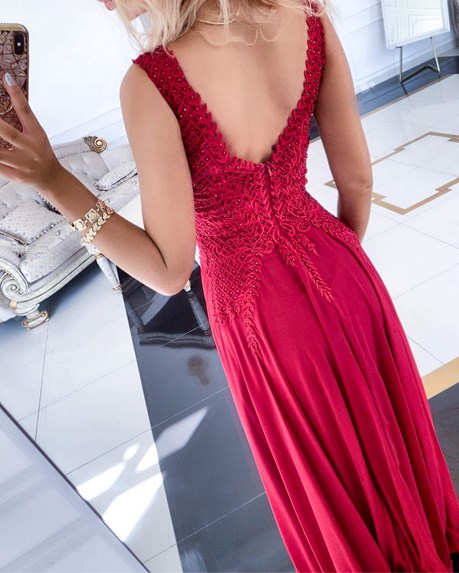 Sukienka długa zdobiona góra bordo