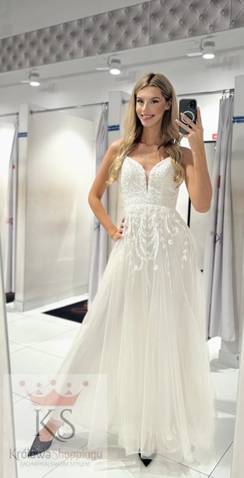 Sukienka długa tiul zdobienie listki biel