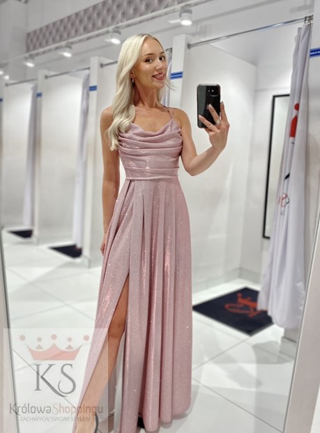 Sukienka długa wiązanie plecy brokat róż