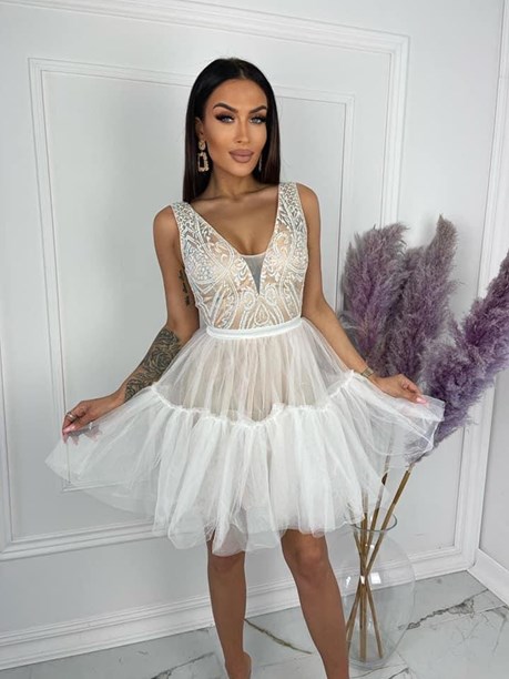 Sukienka krótka ramiączka tiul brokat beż/biel