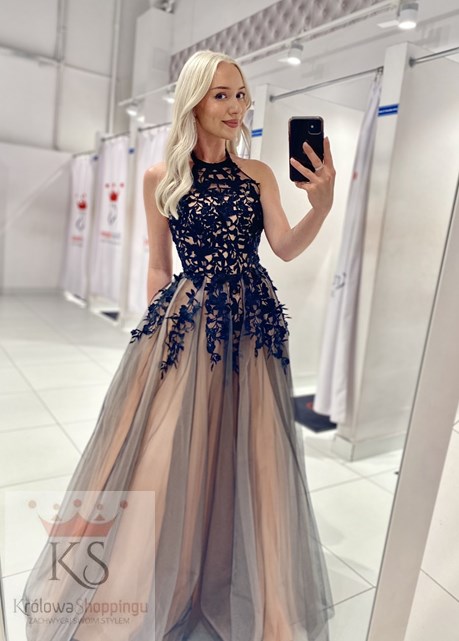 Sukienka długa tiul koronka na szyję beż/czerń