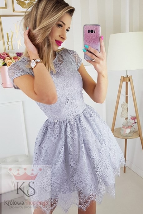 Sukienka krótka cała koronkowa szary