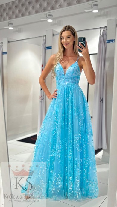 Sukienka długa tiul wiązanie plecy błękit