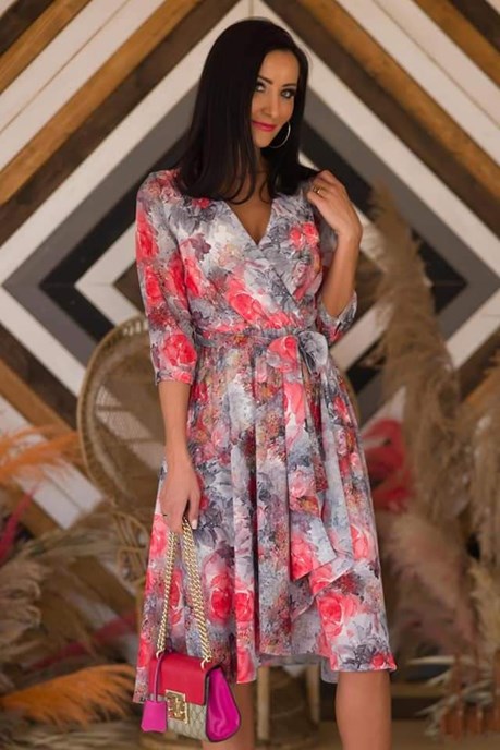 Sukienka midi długi rękaw pasek kwiaty szary/róż