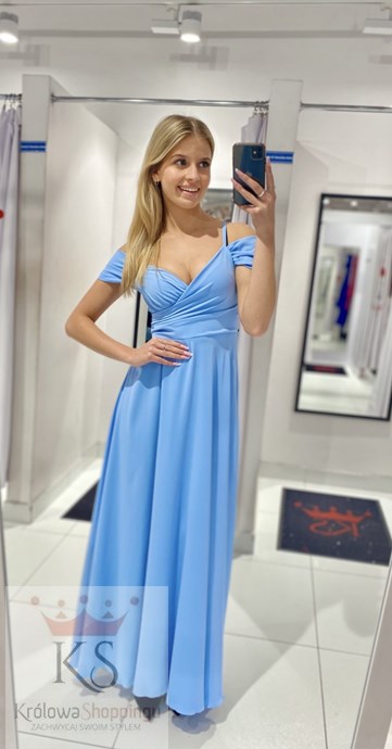 Sukienka długa opadające ramiona gładka błękit