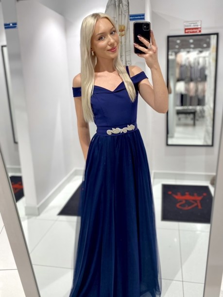 Sukienka długa opadające ramiączko tiul granat