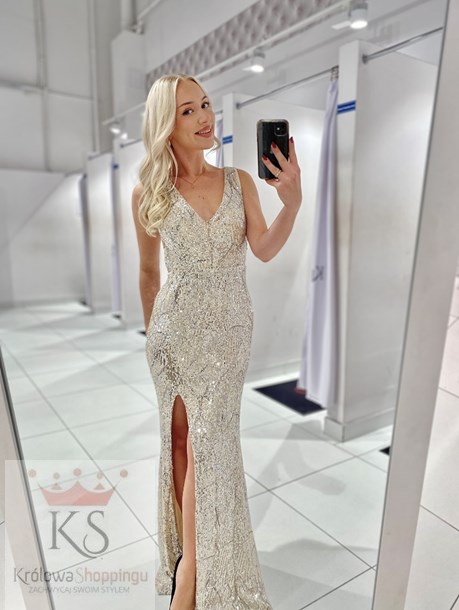 Sukienka długa cekiny odkryte plecy srebrny