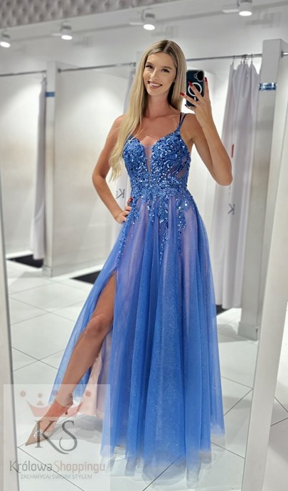 Sukienka długa gorset tiul brokat puder/jeans