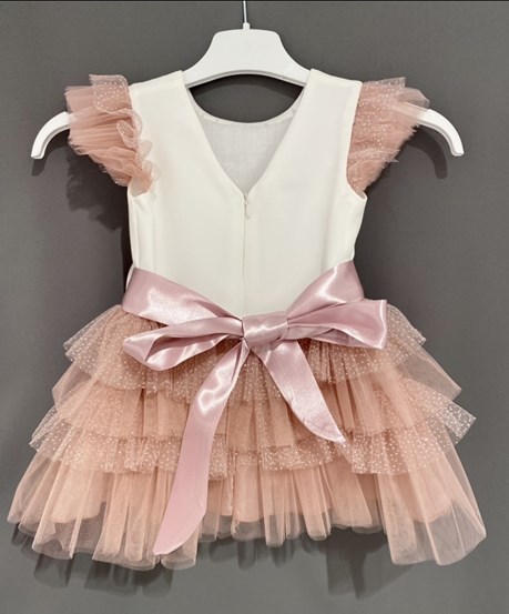 Sukienka dziecięca tiul falbany kokarda róż/biel