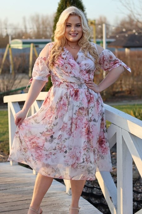 Sukienka midi falbanka rękaw 3/4 motyw kwiaty