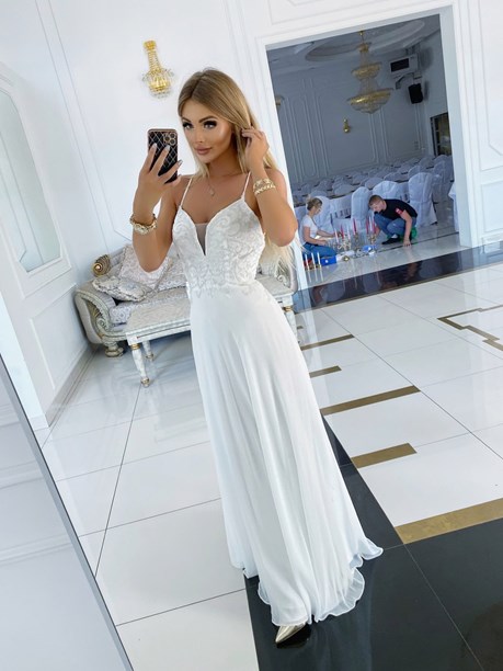 Sukienka długa ramiączka wiązanie siateczka biel