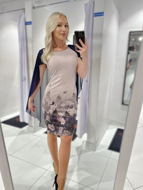 Sukienka krótka nietoperz kwiaty wzór kawa/granat