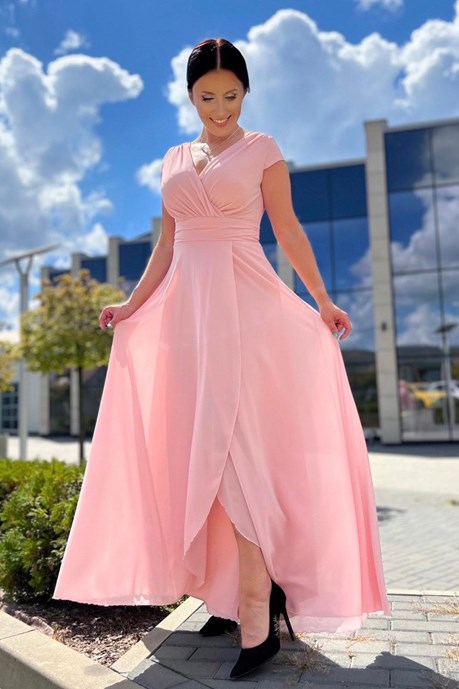 Sukienka długa marszczony pas pudrowy róż