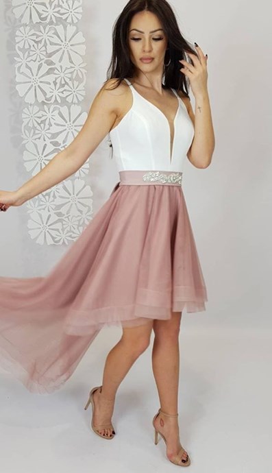 Sukienka asymetryczna ramiączka dekolt biały/wrzos