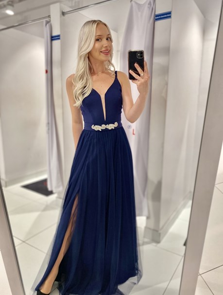 Sukienka długa ramiączka tiul pasek granat