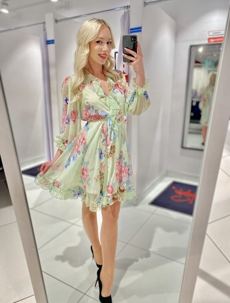 Sukienka krótka rękaw szyfon kwiaty mięta