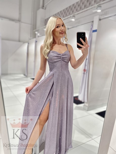 Sukienka długa brokatowa z gorsetem holo róż