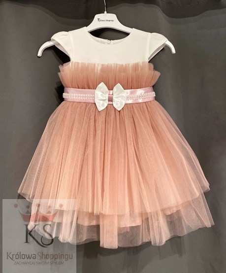 Sukienka dziecięca tiulowe obszycia biel/wrzos