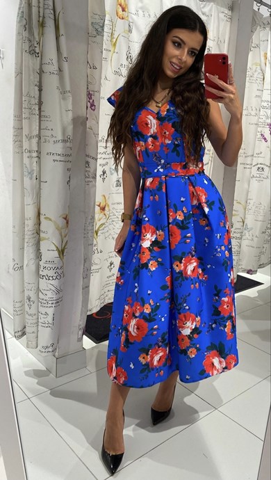 Sukienka midi rozkloszowana kwiaty całość chaber