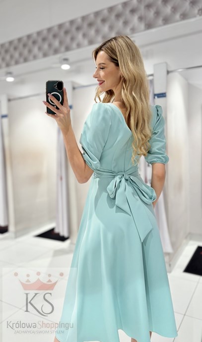 Sukienka midi rękawek 3/4 pas wiązanie pistacja