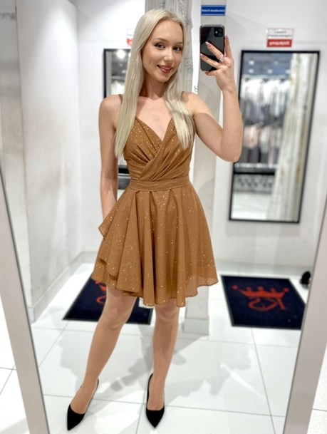 Sukienka krótka ramiączka falbanka brokat brąz