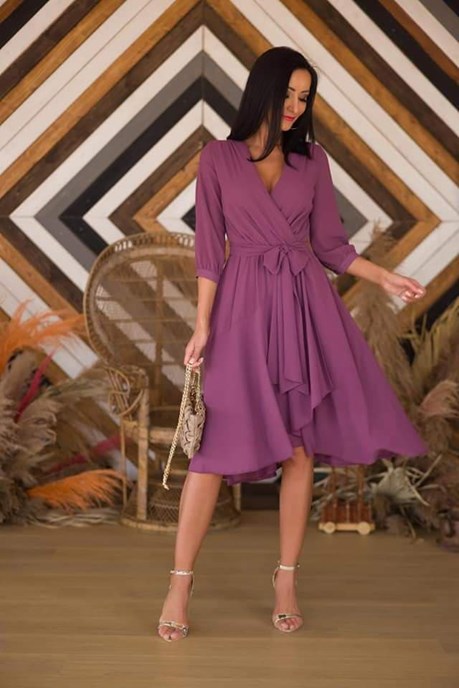 Sukienka midi długi rękaw pasek śliwka