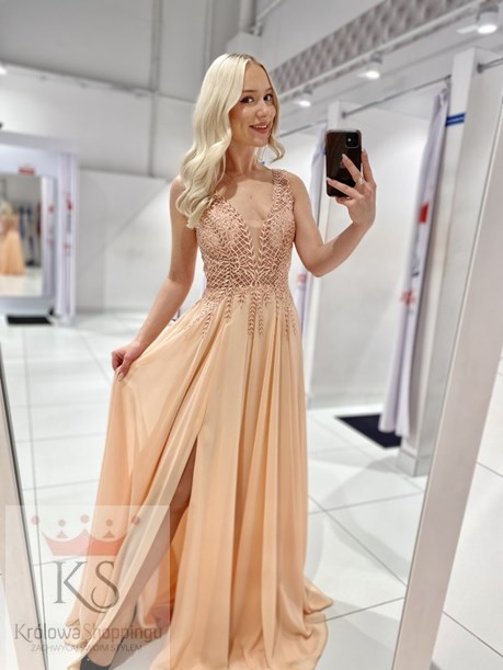 Sukienka długa zdobiona góra brzoskwinia