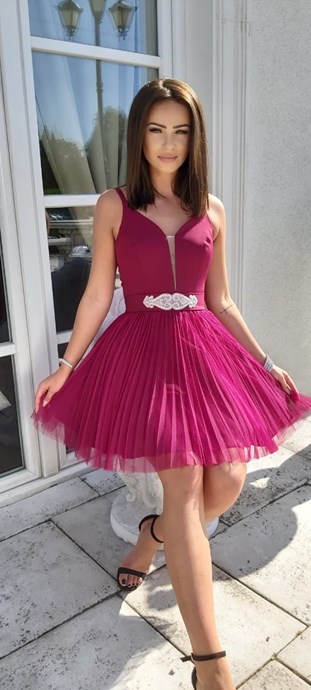 Sukienka krótka ramiączka plisowana bordo