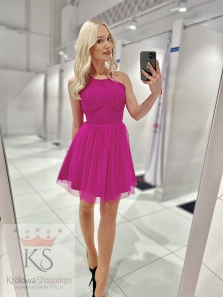 Sukienka krótka wiązanie szyja gorset tiul fuksja