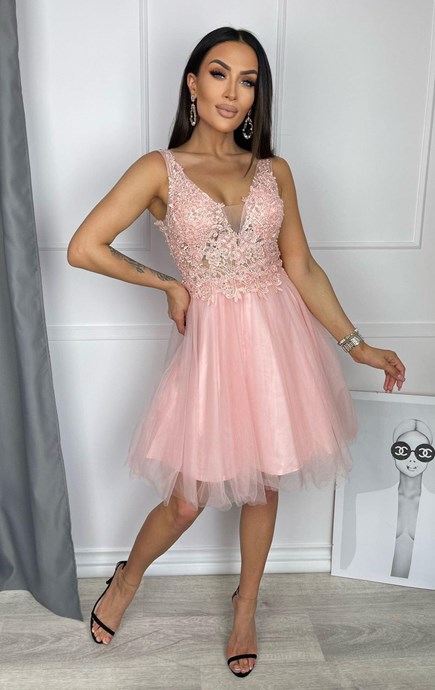 Sukienka krótka koronkowy gorset tiul morela