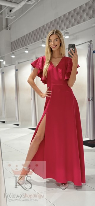 Sukienka długa rękawek falbanka cekiny malina