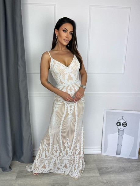 Sukienka długa ramiączka rybka cekiny biały/beż