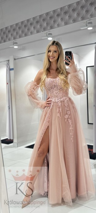 Sukienka długa rękawki gorset tiul brokat róż