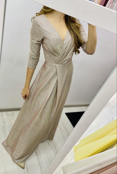 Sukienka długa długi rękaw brokat pomarańcz/złoto