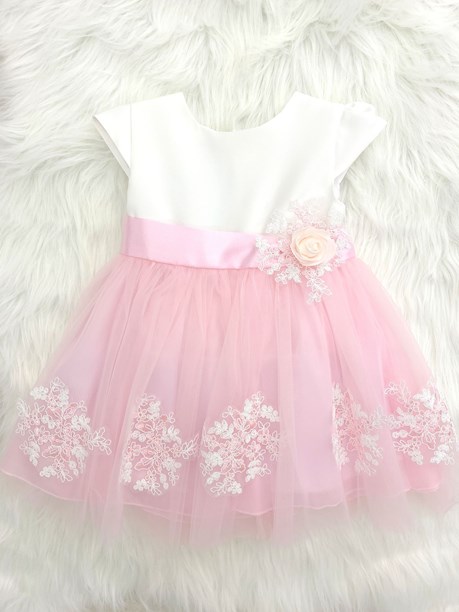 Sukienka dziecięca ozdoba róża z haftem biel/róż