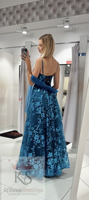 Sukienka długa balowa brokatowe kwiaty turkus