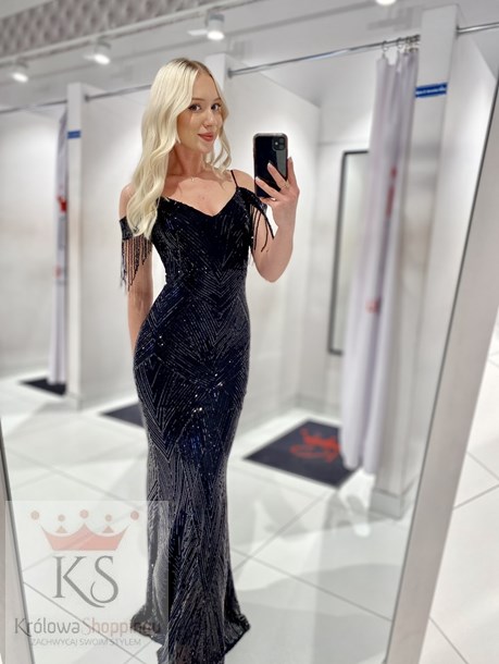 Sukienka długa cekiny rękawek koralik czerń