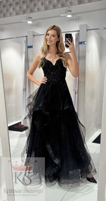 Sukienka długa falbanka cekiny gorset czerń