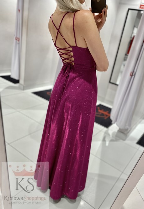 Sukienka długa wiązanie plecy brokat fuksja