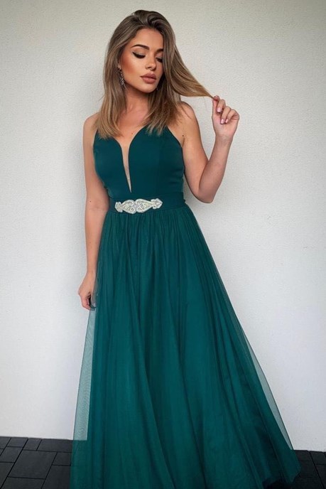 Sukienka długa ramiączka tiul pasek butelka zieleń